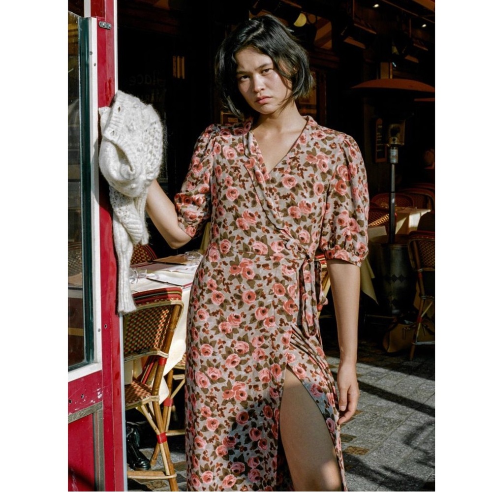 ROUJE Pink Tan Classic Retro Floral Printed Tea Rose Louisa Midi Wrap Dress 4/6 - Picture 5 of 14